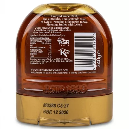 Enhanced Back of Lyle's Golden Syrup Breakfast bottle showing product info