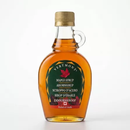 Enhanced Front view of Vertmont Canadian maple syrup glass bottle 250g