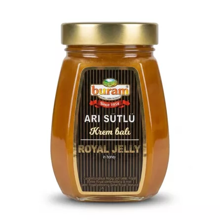 Enhanced Front view of Buram Royal Jelly Creamy Honey 500g glass jar