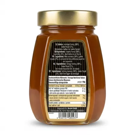 Enhanced Back label of Buram Royal Jelly Creamy Honey showing ingredients and nutrition
