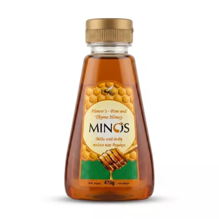 A 470g squeeze bottle of Minos Flower's Pine and Thyme Honey, featuring a distinctive orange and green label with honeycomb and honey dipper graphics, isolated on a white background with a soft shadow. [A high-resolution, centered e-commerce photograph of the Minos Flower's Pine and Thyme Honey bottle, precisely replicating the shape and content from the original image (image_0.png) but with a dramatically improved presentation. The hand, the store shelves, and all other background clutter have been completely removed, leaving only the pristine honey bottle perfectly centered on a clean, seamless, pure white background. The bottle, now filling 85% of the frame (at a 1:1 aspect ratio), is in razor-sharp focus from the top of its clean, gold-colored cap to the bottom. The rich amber-colored honey inside is perfectly clean and clear. The main label has been retained in its entirety and enhanced for clarity, featuring the exact text and graphics. All imperfections, including smudges, dust, and any perceived residue on the cap and bottle, have been meticulously cleaned. The label text is crisp and readable, maintaining its original hierarchy: "Flower’s - Pine and Thyme Honey", "MINOS", the Greek text "Μέλι από άνθη πεύκο και θυμάρι", and the product weight "Καθ. βάρος 470g Net weight", all with the original honeycomb and dipper graphics. Professional studio lighting is used to create a clean, even, flattering illumination across the entire product. A single, perfectly balanced, soft, and subtle drop shadow is placed directly beneath the base of the bottle, centered, so it looks like the bottle is resting on a clean surface. The perspective is a clean front-facing shot.]