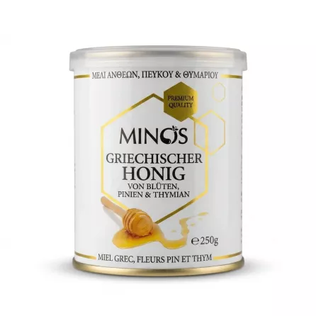 Enhanced Front label of Minos Greek Honey with flowers, pine and thyme 250g tin