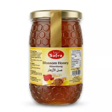Enhanced Front view of Sofra Blossom Honey 1kg jar with label