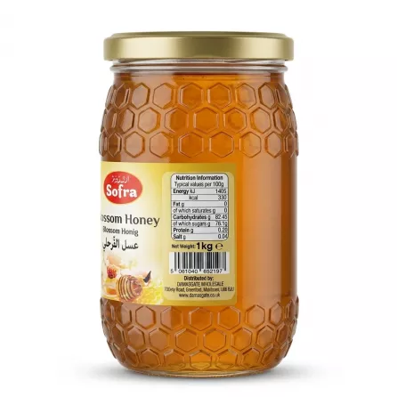 Enhanced Back view of Sofra Blossom Honey 1kg jar showing nutrition information and barcode