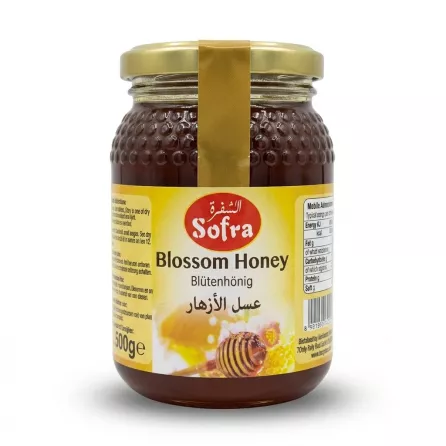 Enhanced Front view of Sofra Blossom Honey 500g glass jar in hand