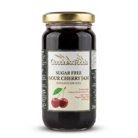 Enhanced Front view of Goodness Foods Sugar Free Sour Cherry Jam jar 290g