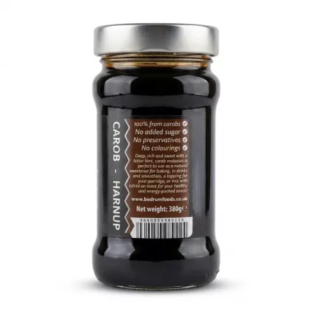 Enhanced Back label of Bodrum Carob Molasses jar showing product details