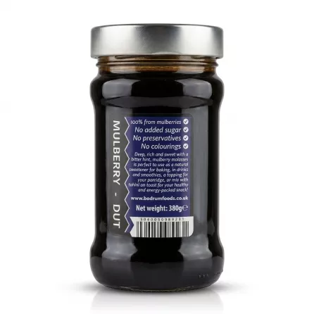 A clear glass jar of Bodrum Mulberry Molasses Natural, 380g, centered on a white background with soft symmetrical shadows. The dark purple label clearly displays the text 'MULBERRY - DUT', specific product claims like '100% from mulberries', and 'No added sugar', a product description, website URL, net weight, and a barcode. The glass and silver lid are clean and reflect professional studio lighting.