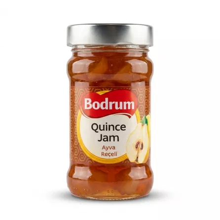 Enhanced Front view of Bodrum Quince Jam 380g jar held in hand