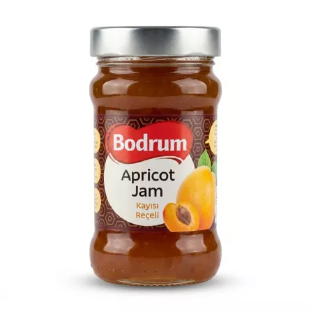 A 380g glass jar of Bodrum Apricot Jam (Kayısı Reçeli) with a silver lid, centered against a clean white background with soft, even studio lighting. The label prominently displays the brand name and fruit graphic.