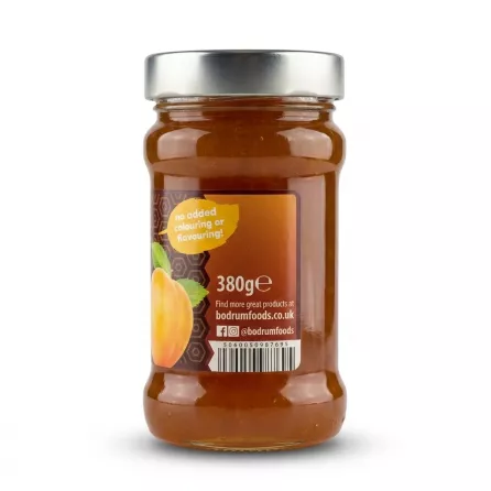 Enhanced Back label of Bodrum Apricot Jam showing 380g weight and barcode