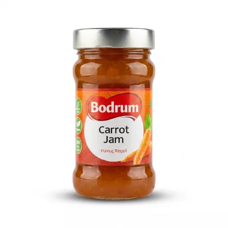 Enhanced Front view of Bodrum Carrot Jam 380g jar held in hand