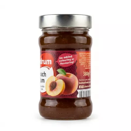 Enhanced Bodrum Peach Jam side label showing peaches and no added colouring claim