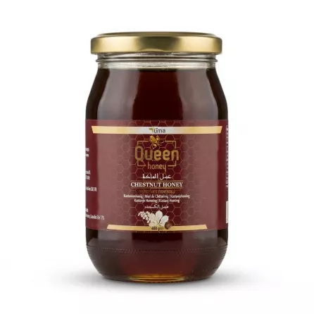 Enhanced Front label of Balmer Queen Chestnut Honey 460g jar with gold lid