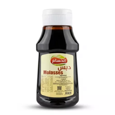 Enhanced Back of Al Hussam Molasses bottle showing ingredients and nutritional info