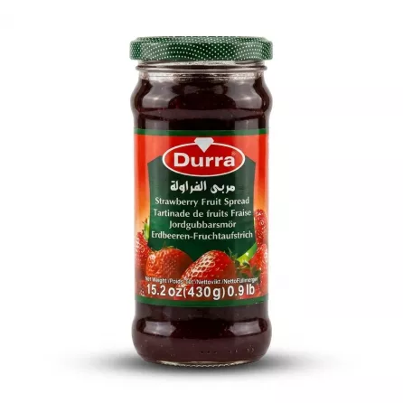 Enhanced Front of Durra Strawberry Fruit Spread jar showing label and strawberries