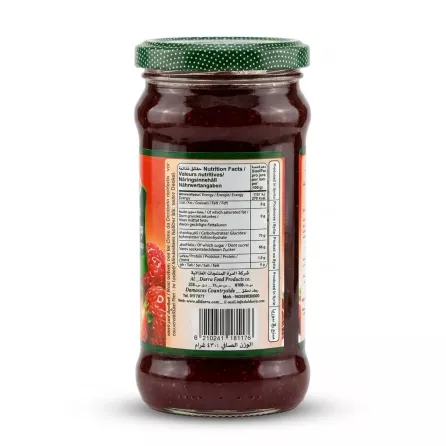 Enhanced Back of Durra Strawberry Fruit Spread jar with nutrition facts and barcode