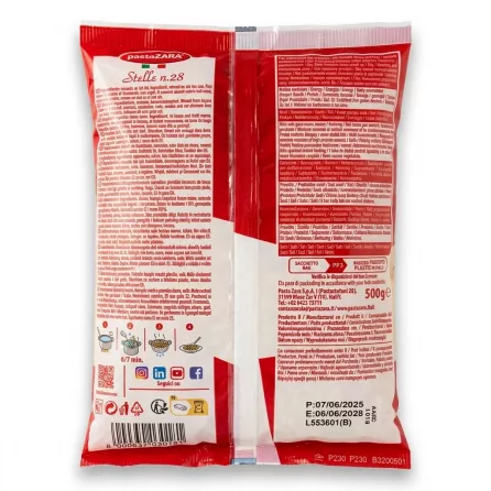 Enhanced Back view of pastaZARA Stelle pasta with import and cooking information