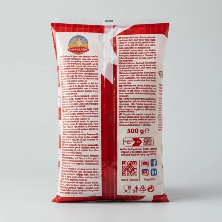 Enhanced Back of pastaZARA Elicoidali Pasta 500g bag with ingredients and instructions