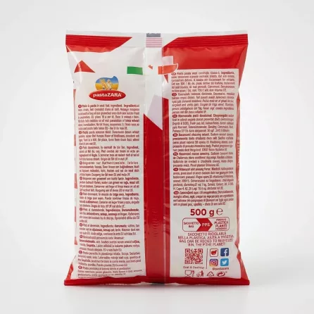 Enhanced Back of Pasta Zara Conchiglie Classic 500g bag showing ingredients and information