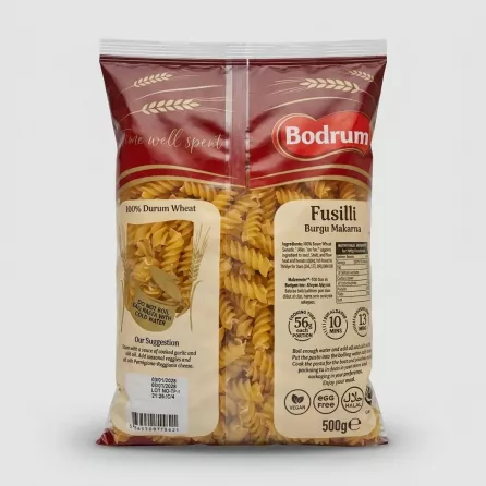Enhanced Back view showing details and nutritional information of Bodrum Fusilli pasta