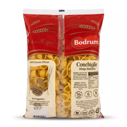 A 1:1 professional e-commerce product photograph of the back of a 500g package of Bodrum Conchiglie Midye Pasta, showing the dry conchiglie (shell) pasta through the clear windows. All nutritional information, ingredients, cooking instructions, and the Bodrum brand logo are visible and sharp against a clean white background.