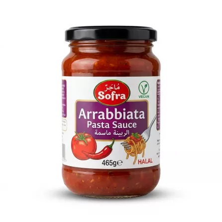 Enhanced Front of Sofra Arrabbiata Pasta Sauce jar, 465g, halal and vegan labels visible