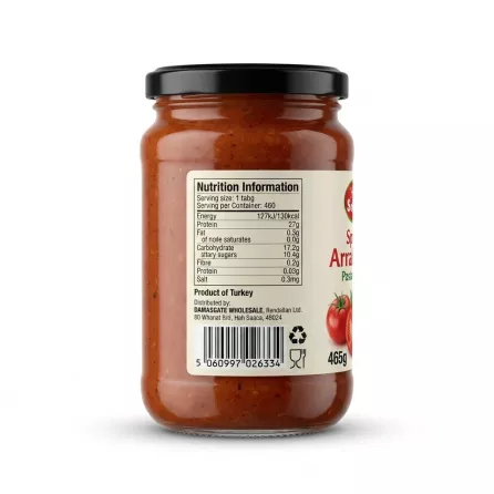 Enhanced Back of Sofra Arrabbiata Pasta Sauce jar showing nutrition facts and barcode