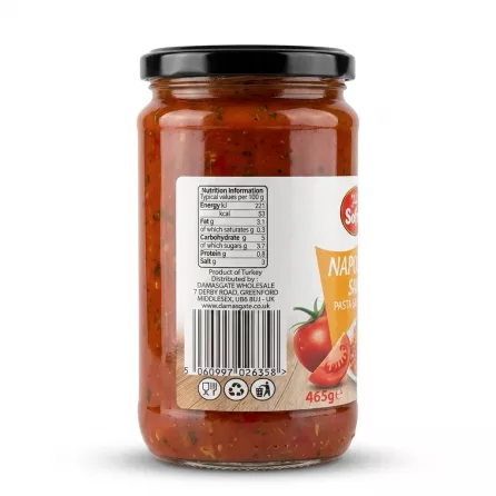 Enhanced Back label of Sofra Napoletana Pasta Sauce 465g showing nutrition and barcode