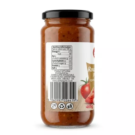 A professional e-commerce photo displaying the back label of a 465g glass jar of Sofra Roasted Garlic Pasta Sauce against a pure white background. The clear label shows complete nutrition facts, product origins, and a barcode, all in sharp focus under soft studio lighting. [Scene: A 1:1 professional e-commerce product photograph.] [Subject: A perfectly clean and centered glass jar, featuring its back label, of Sofra Roasted Garlic Pasta Sauce. The jar fills approximately 85% of the frame and is presented from a direct-on perspective, replacing the original angled hand-held view.] [Label Details: The white paper label is perfectly affixed, clean, and in sharp focus. All text is legible and factually accurate to `image_0.png`:] - [Top:] The header 'Nutrition Information' and table below. All values (Per 100 g: Energy 277 kJ/66 kcal, Fat 4.1g, of which saturates 0.4g, Carbohydrate 5.8g, of which sugars 2.5g, Protein 0.9g, Salt 3.0g) are clear and legible. - [Middle:] All origin and distribution text is sharp: 'Product of Turkey', 'Distributed by:', 'DAMASGATE WHOLESALE', '7 DERBY ROAD, GREENFORD', 'MIDDLESEX, UB6 8UJ - UK', 'www.damasgate.co.uk'. - [Lower Middle:] The large barcode with the numbers `5 060997 026419` is clean and scannable. - [Bottom:] The three circular icons (Fork & Knife, Recycle, Bin) and the '465g' weight are all sharp and visible. The partially visible red tomato slice and the 'Ro...' from the main title are visible to the right of the nutritional table and barcode, as seen in `image_0.png`. - [Imperfection Removal:] There are no tags, labels, or stickers on the glass or label that do not belong to the primary product label. The small pink sticker and any other obstructions are removed. [Jar Details:] - The glass jar itself is pristine, showing the rich, chunky texture of the roasted garlic sauce. - The glossy black lid is clean. - The liquid level is natural. [Lighting & Environment:] - [Lighting:] Professional, soft, diffuse studio lighting that evenly illuminates the entire product and label, making text and texture highly legible. There are soft, controlled specular highlights on the glass and lid, giving it a premium feel without obscuring information. - [Shadows:] A very soft, diffuse contact shadow is visible on the clean white background surface directly beneath the jar, extending equally on both the left and right sides. - [Background:] The background is a clean, pure, seamless white studio void. No grocery shelves or hands are visible. [Focus:] - The entire jar and, crucially, all text on the label are in razor-sharp focus from the top of the lid to the bottom of the weight. [Composition:] - A clean, symmetrical front-on view of the jar, centered perfectly within the 1:1 square frame.