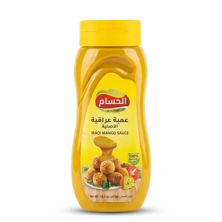 Enhanced Front of Al Hussam Iraqi Mango Sauce bottle in yellow packaging