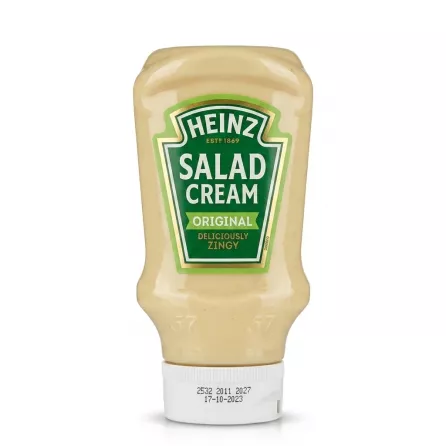 Enhanced Front of Heinz Salad Cream Original 425g bottle held in hand