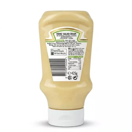 Enhanced Back label of Heinz Salad Cream Original 425g showing ingredients and barcode
