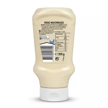 Enhanced Back label showing ingredients and nutritional information of Heinz Mayonnaise 395g