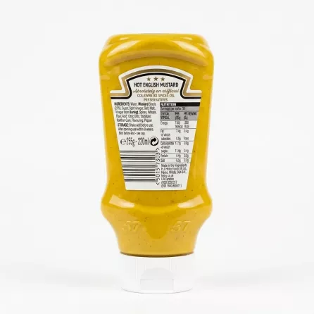 A professional e-commerce shot of the back label of a Heinz Hot English Mustard squeeze bottle, detailing its ingredients and nutrition facts.