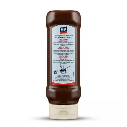 Enhanced Back label of HP Original Brown Sauce showing serving suggestions