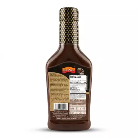 Enhanced Back view showing nutrition facts and ingredients of Shangrila Smoky BBQ Sauce