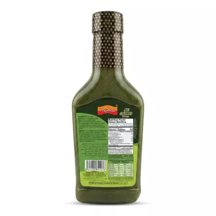 Enhanced Back label of Shangrila Mint Coriander Sauce with ingredients and nutrition facts