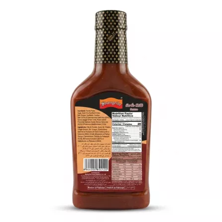 A professional 1:1 e-commerce product photograph showing the back of a Shangrila Garlic Chilli Sauce bottle on a clean white background. It displays the nutritional information, ingredients in multiple languages, and a clear barcode.