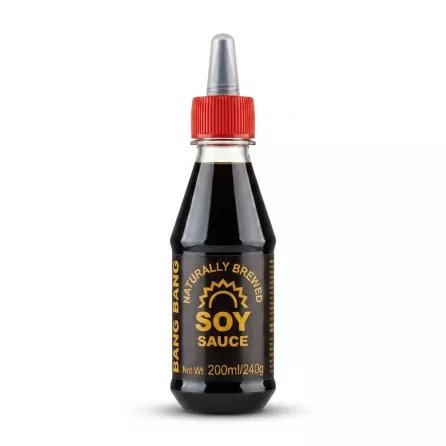 Enhanced Front of Bang Bang Naturally Brewed Soy Sauce 200ml bottle with red cap