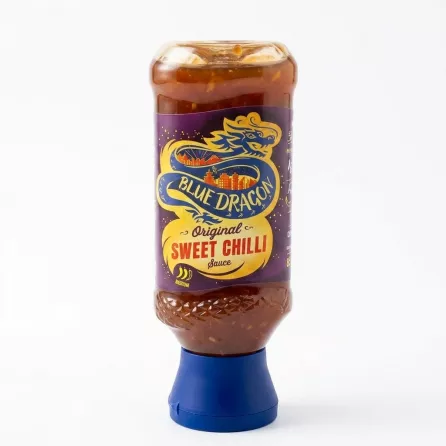 Enhanced Front of Blue Dragon Original Sweet Chilli Sauce bottle in hand