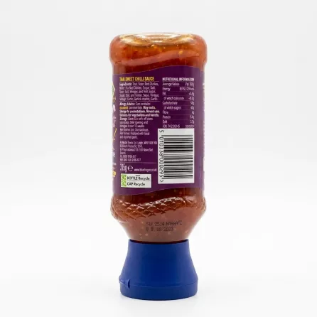 Enhanced Back label and barcode of Blue Dragon Sweet Chilli Sauce bottle