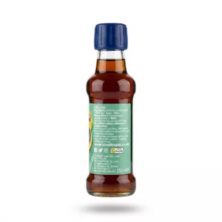 Studio shot of a 150ml bottle of Blue Dragon Fish Sauce on a white background, displaying the back label with ingredients, storage, and contact information. The bottle has a blue screw cap and a light green rectangular label.