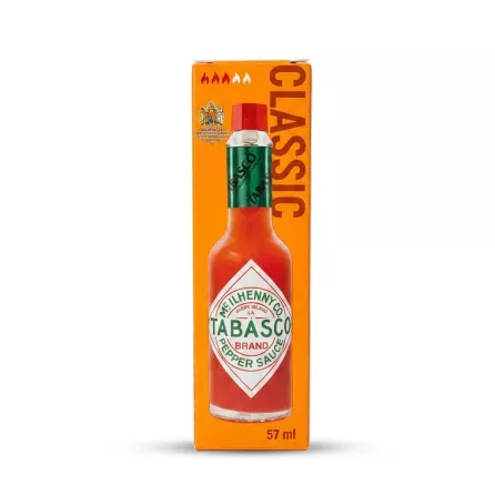 Enhanced Front of Tabasco Classic Pepper Sauce 57ml box in hand