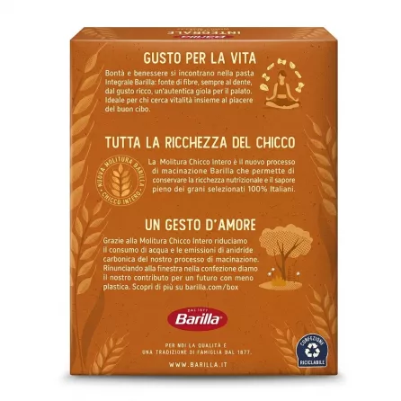 A studio e-commerce photograph of the back panel of a Barilla Integrale Farfalle whole wheat pasta box. The orange cardboard box displays detailed Italian text about the product's benefits, a graphic of a person in a yoga pose surrounded by pasta shapes, and a recycling logo.