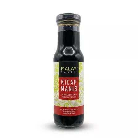 Enhanced A 150ml bottle of Malay Taste Kicap Manis Sweet Soy Sauce held by a hand. The glass bottle is filled with a dark sauce and has a black, white, and red label featuring green floral patterns and English text on a clean white background.