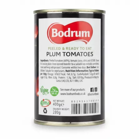 Bodrum plum tomatoes canned product with nutrition and ingredients label