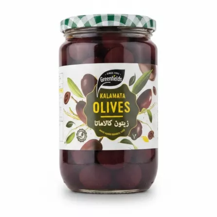 Jar of Greenfields Kalamata Olives showing label and olives inside