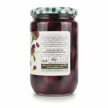 Back of Greenfields Kalamata Olives jar with nutritional information