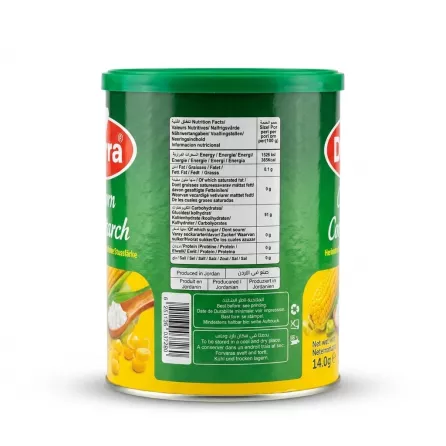 Enhanced Back of Durra Corn Starch 400g tin showing nutritional values and storage instructions